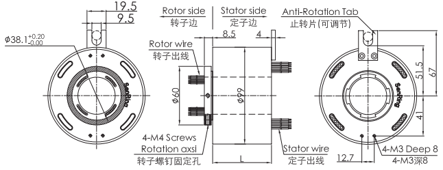 uh3899-01UH3899-01系列USB2.0滑环（USB旋转连接器） 系列滑环外形图纸